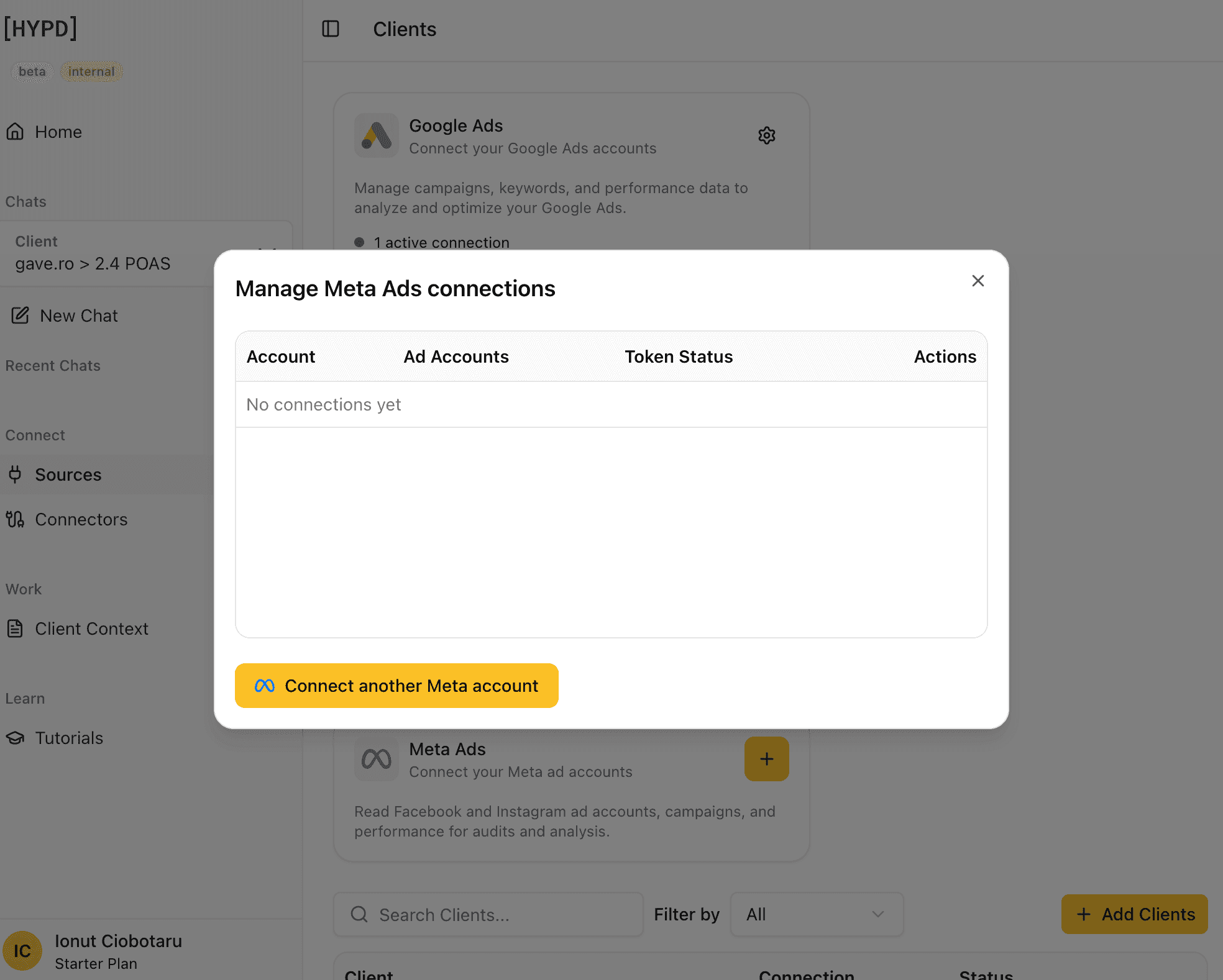 HYPD Sources, connecting a Google or Meta ad account