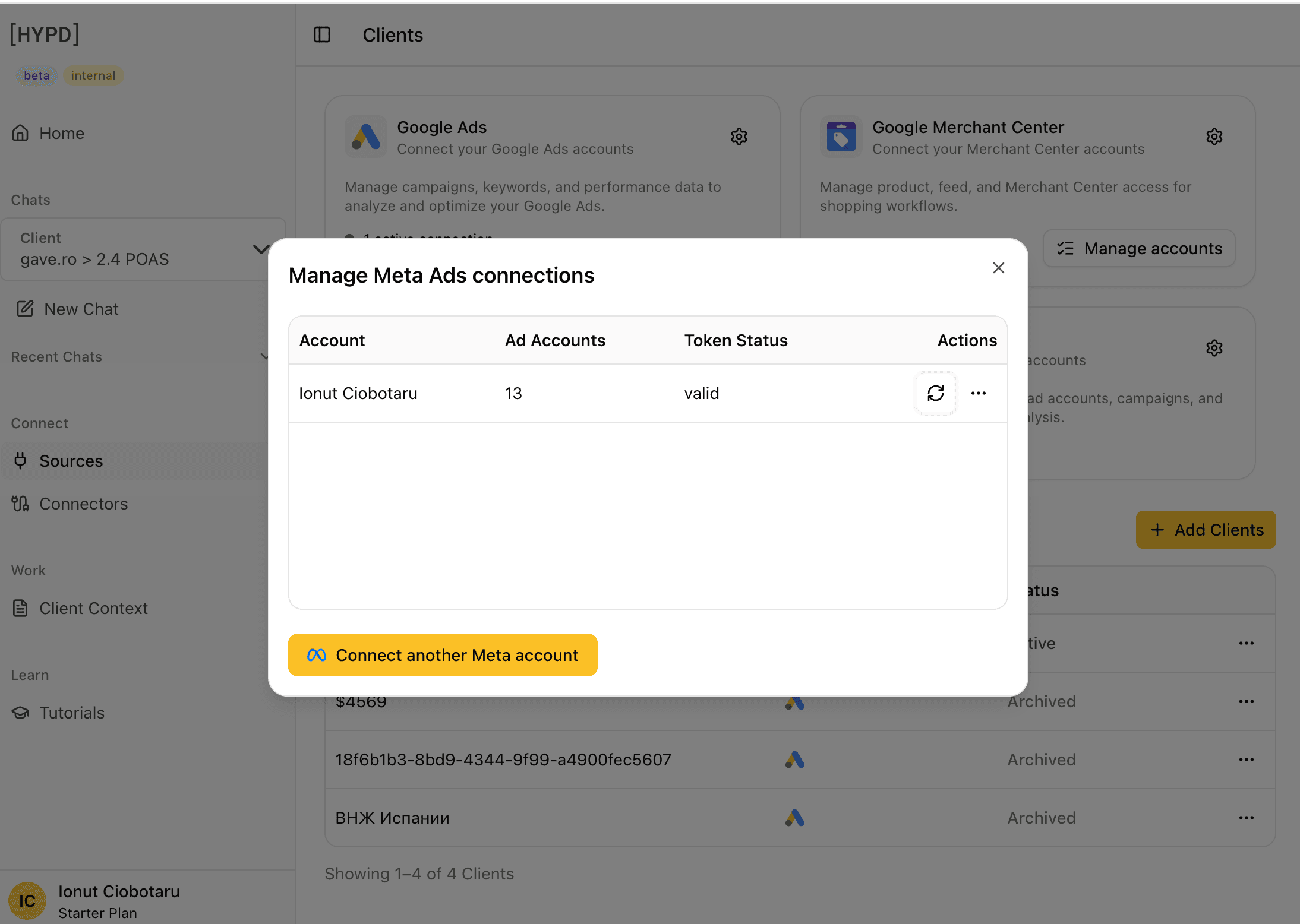 HYPD showing the ad account connected