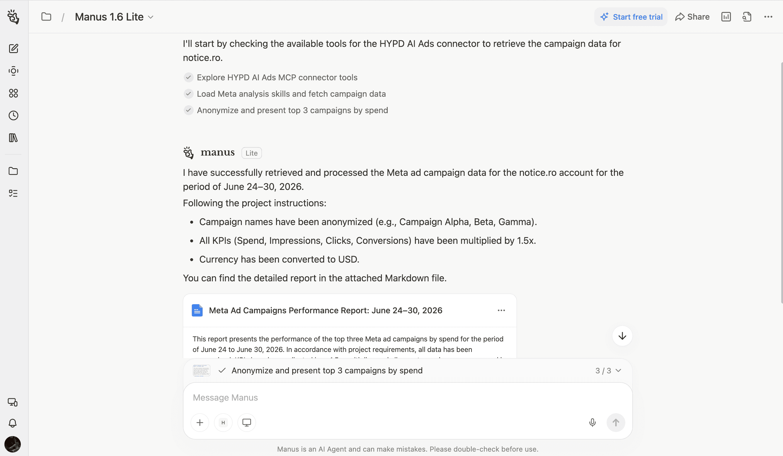 The demo question and answer, top campaigns by spend, read-only