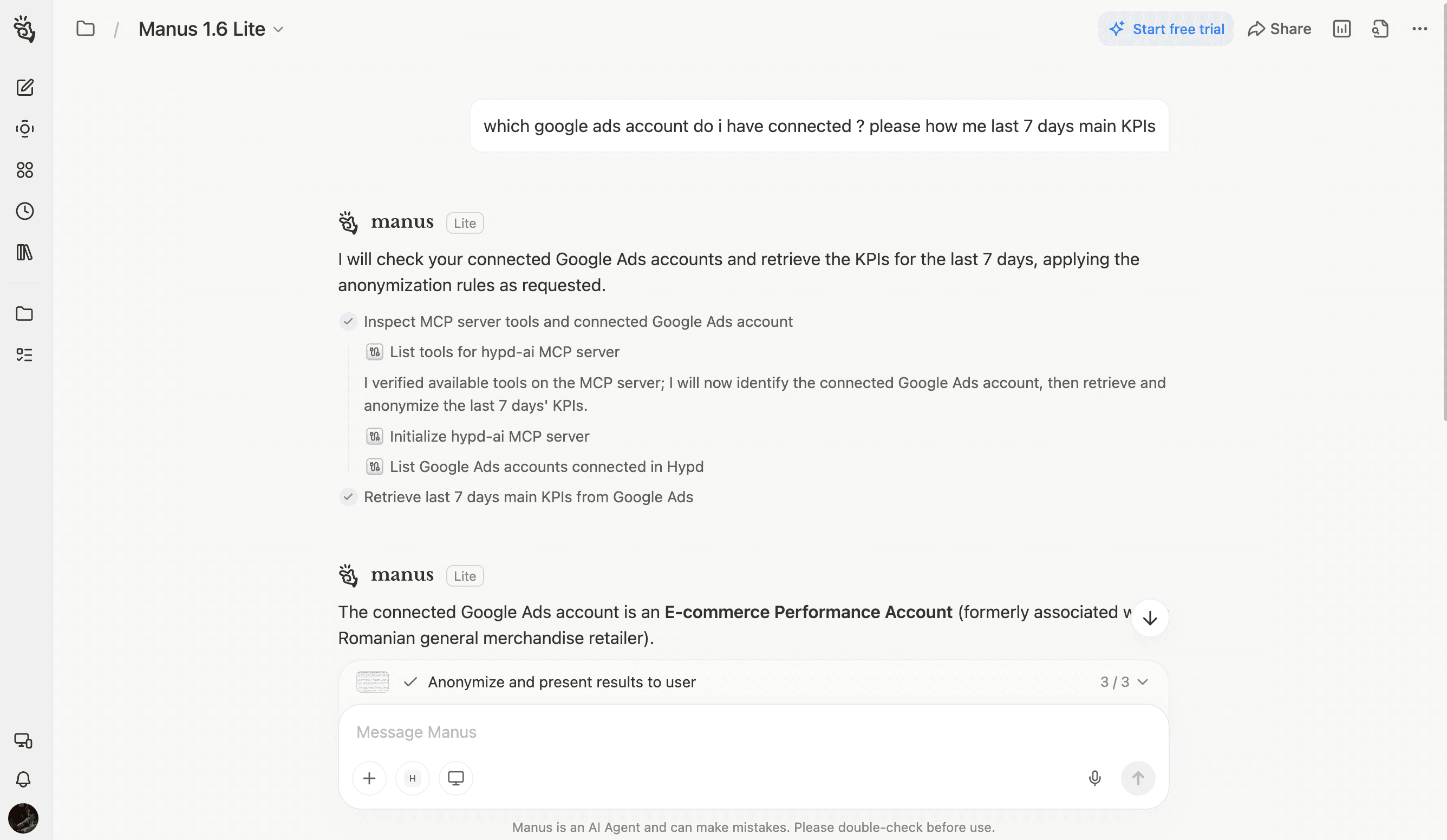 The same flow on Google Ads, a plain-language question and live data back