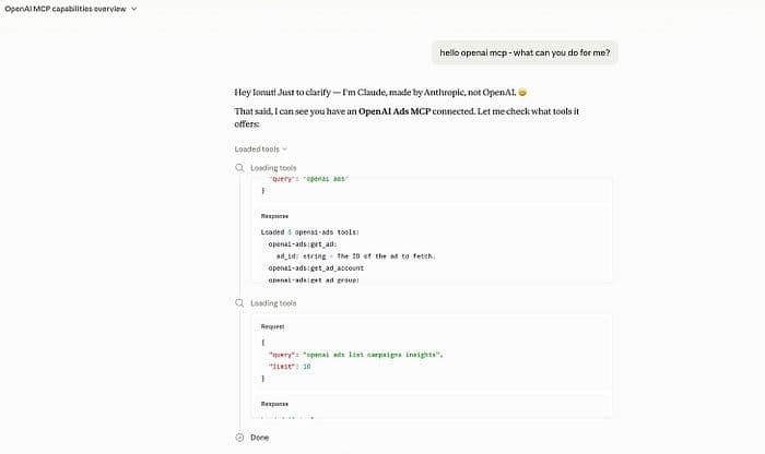 Claude fragt die OpenAI-Ads-API ab