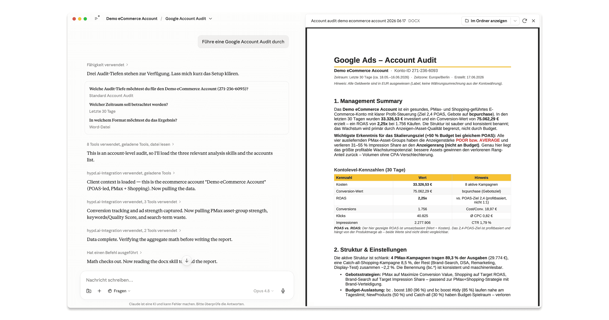 Claude Konversation mit live Abfrage von Google Ads Daten mit HYPD AI